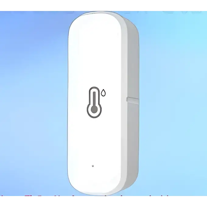 White rectangular smart wifi temperature and humidity sensor thermometer with minimalist design and humidity droplet icon