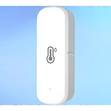 White rectangular smart wifi temperature and humidity sensor thermometer with minimalist design and droplet icon for home’s climate monitoring