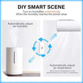 White cylindrical humidifier with sleek minimalist design and vertical slit for smart wifi temperature and humidity sensor thermometer monitoring home’s climate
