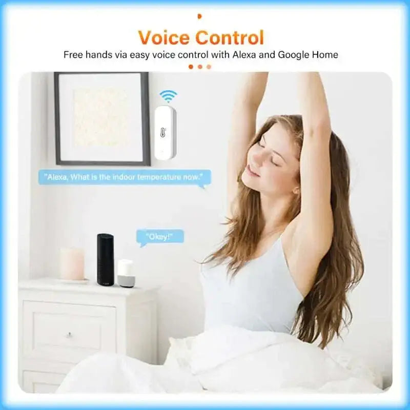 White rectangular smart wifi temperature and humidity sensor thermometer with temperature icon and wi-fi symbol