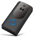 Black smart wifi video doorbell with night vision featuring a circular camera lens and blue light indicator