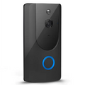 Black glossy smart wifi video doorbell with night vision featuring a circular camera lens and blue LED ring