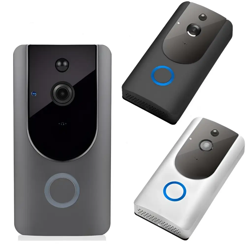 Black and white smart wifi video doorbell with night vision features circular camera lens and touch buttons
