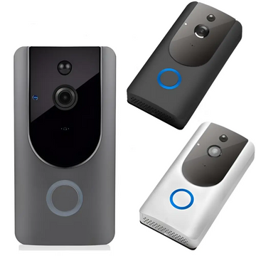 Black and white smart wifi video doorbell with night vision features circular camera lens and touch buttons