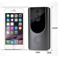 Black smart wifi video doorbell with night vision circular camera lens sensor button and sleek curved design