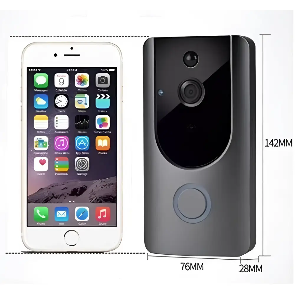 Black smart wifi video doorbell with night vision circular camera lens sensor button and sleek curved design