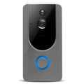 Gray smart wifi video doorbell with circular camera lens night vision and blue illuminated chime button