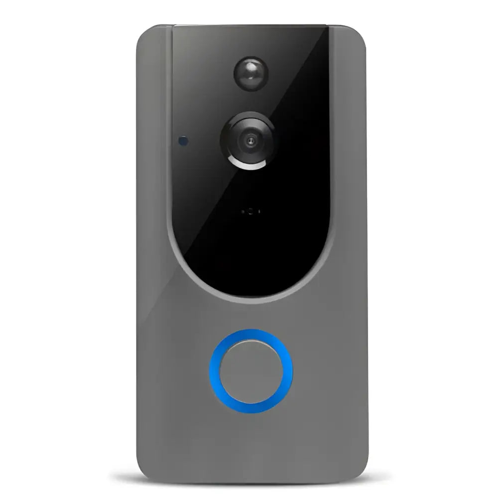 Gray smart wifi video doorbell with circular camera lens night vision and blue illuminated chime button