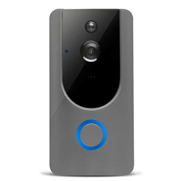 Gray smart wifi video doorbell with circular camera lens night vision and blue illuminated chime button