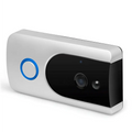 Silver and black smart wifi video doorbell with night vision featuring a circular camera lens and blue light ring on the left