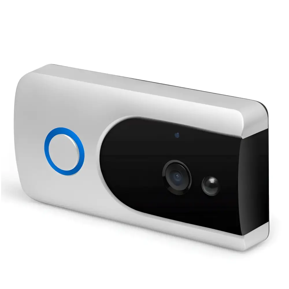 Silver and black smart wifi video doorbell with night vision featuring a circular camera lens and blue light ring on the left