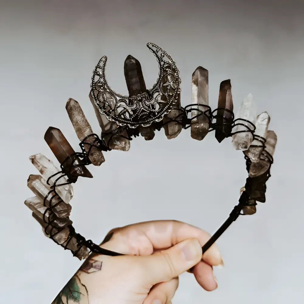 Dark crystal crown tiara featuring smoky quartz crescent moon design with clear and smoky quartz crystals
