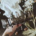 Delicate black lace smoky quartz crescent moon crystal crown tiara adorned with clear quartz crystals
