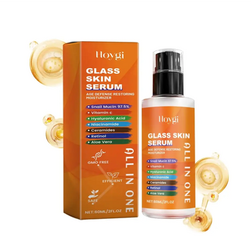 Orange-tinted glass bottle with black pump and box labeled hoygi glass skin serum as snail anti-aging facial moisturizer