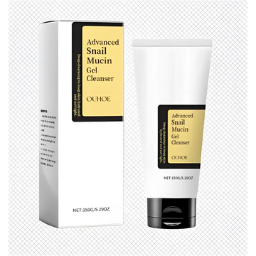 White tube of ouhoe advanced snail mucin gel cleanser with black cap and gold label for snail revive moisturizer cleansing