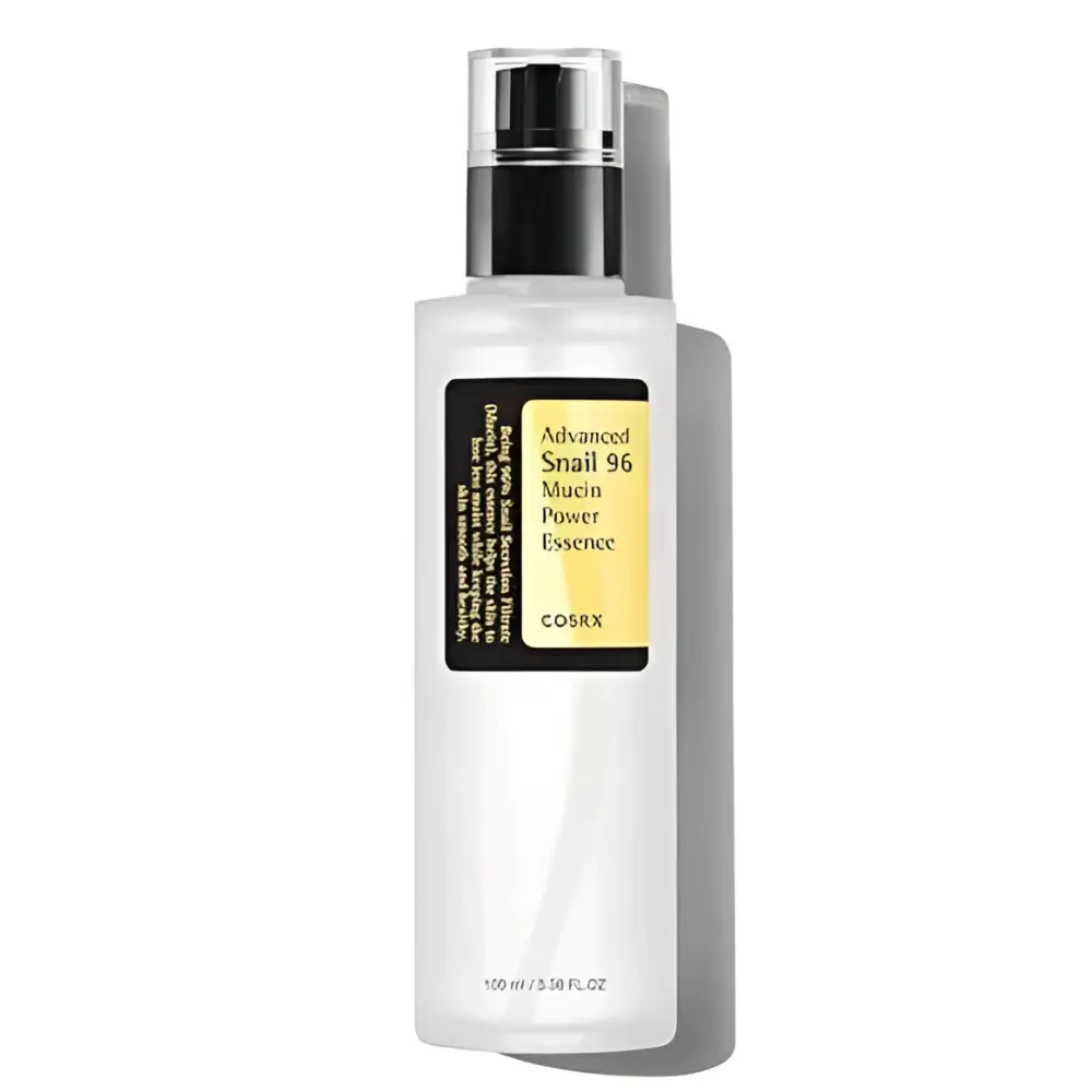 Clear glass bottle with black spray nozzle and yellow label of cosrx snail revive moisturizer cleansing gel advanced snail 96 mucin power essence
