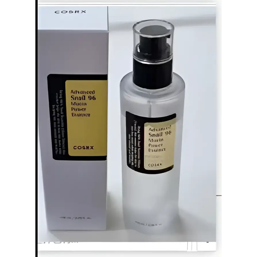 Clear glass bottle with black pump and gold label containing transparent liquid for snail revive moisturizer cleansing gel