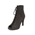 Black lace-up peep toe ankle boot with textured glittery fabric and high stiletto heel in frosted casual shoes style