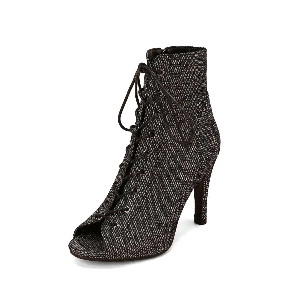 Black lace-up peep toe ankle boot with textured glittery fabric and high stiletto heel in frosted casual shoes style