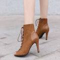 Tan suede and leather peep toe ankle boot with lace-up front and high stiletto heel for frosted casual shoes