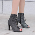 Black and silver glittery mesh lace-up ankle boots with high stiletto heel for frosted casual shoes peep toe frosted look