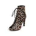 Leopard-print peep toe frosted casual shoes with black laces and a high stiletto heel in ankle boot style