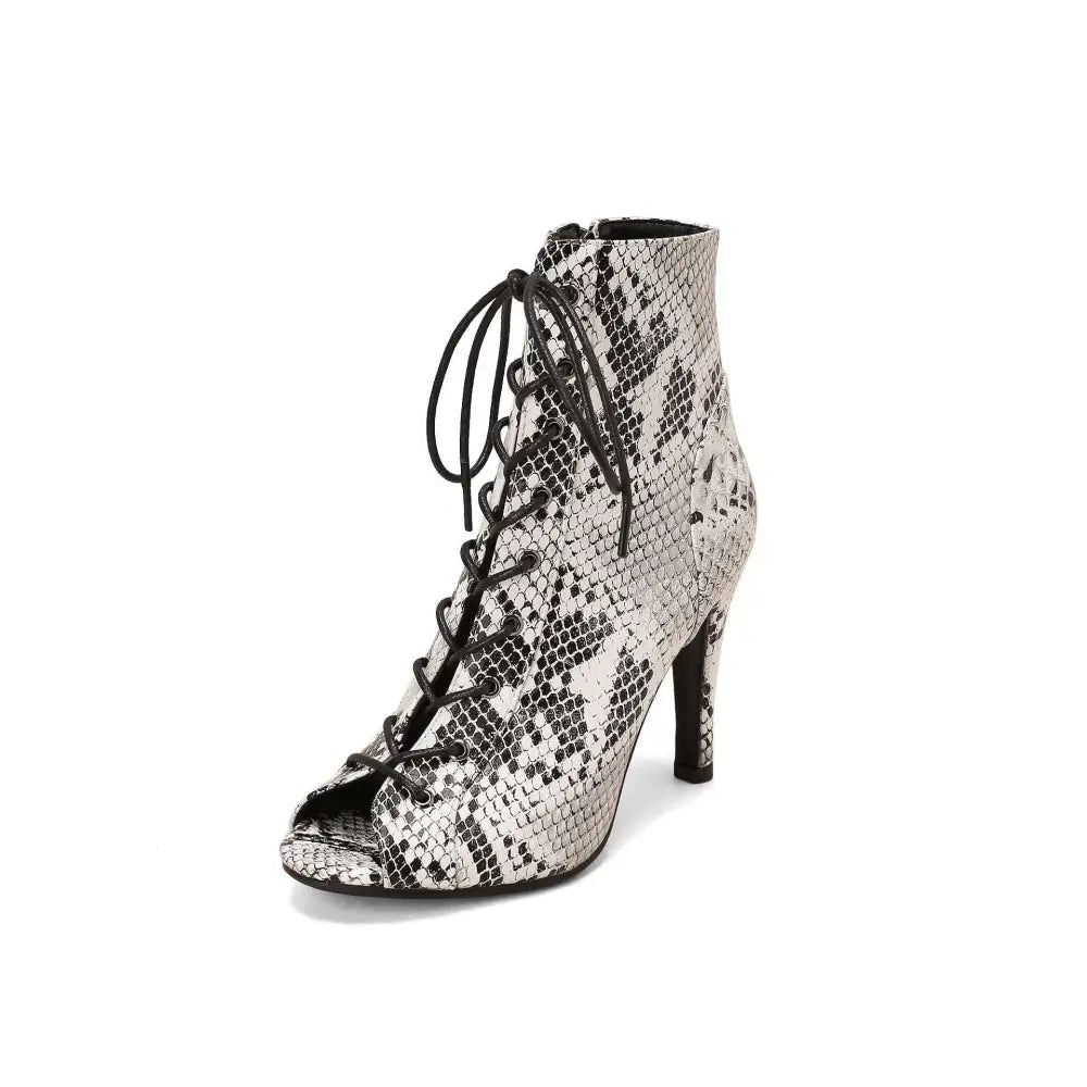 Silver and black snake print lace-up ankle boot with high stiletto heel for frosted casual shoes peep toe frosted style