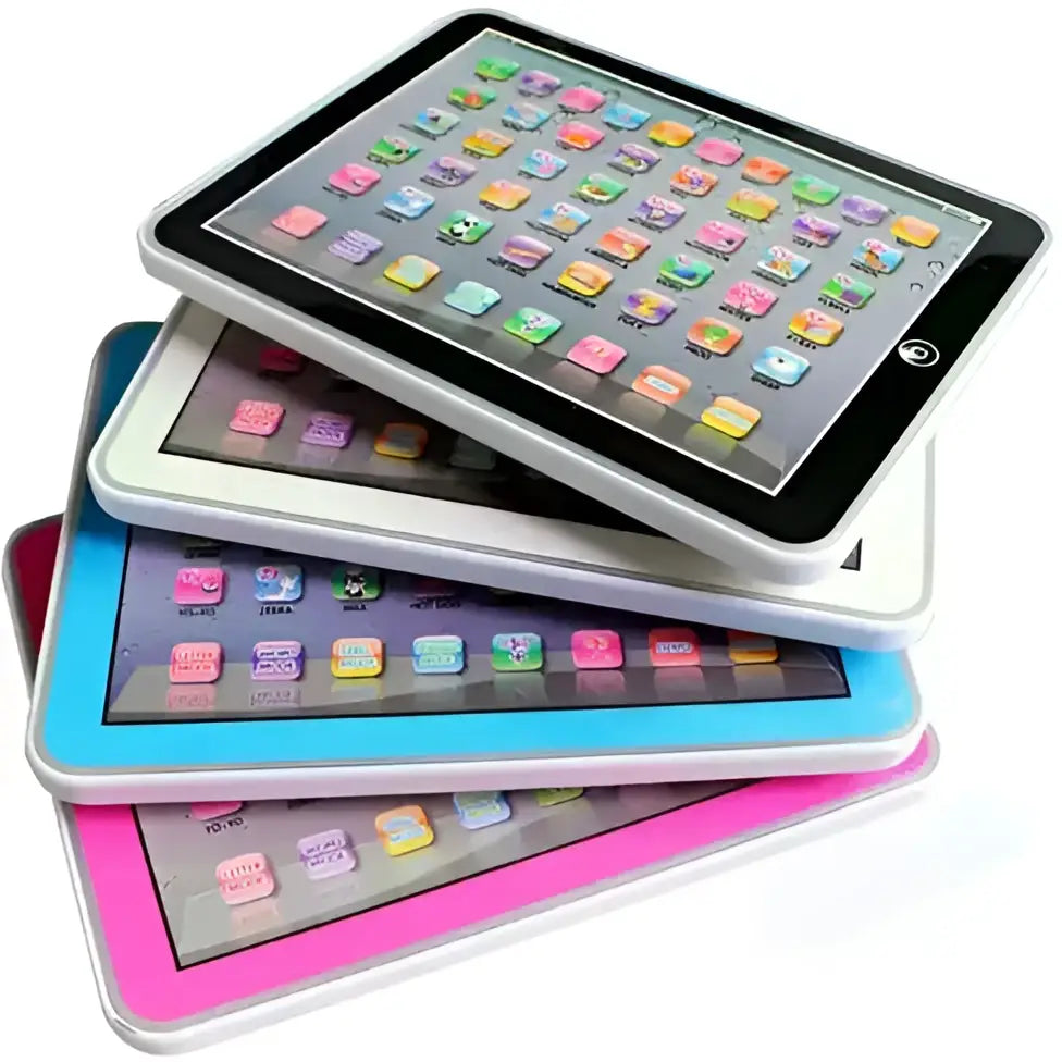 Stack of colorful so smart toy pad tablets displaying playful app icons with educational features on screens