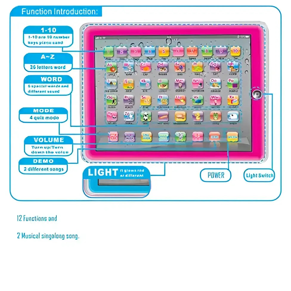 Pink children’s smart toy pad with colorful app icons and protective case featuring educational features