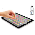 Silver-framed smart toy pad with educational features displaying colorful child-friendly app icons on screen