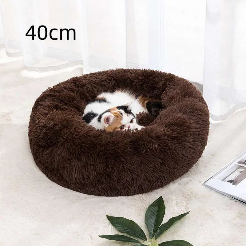 A cozy brown circular plush winter warm pet bed with soft fluffy texture and a 40cm diameter for comfort