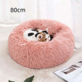 Soft plush winter warm pet bed in pink with an 80cm diameter and soft fluffy texture for cozy comfort