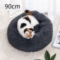 A plush winter warm dark gray circular cat bed with soft fluffy texture designed as a cozy warm pet bed
