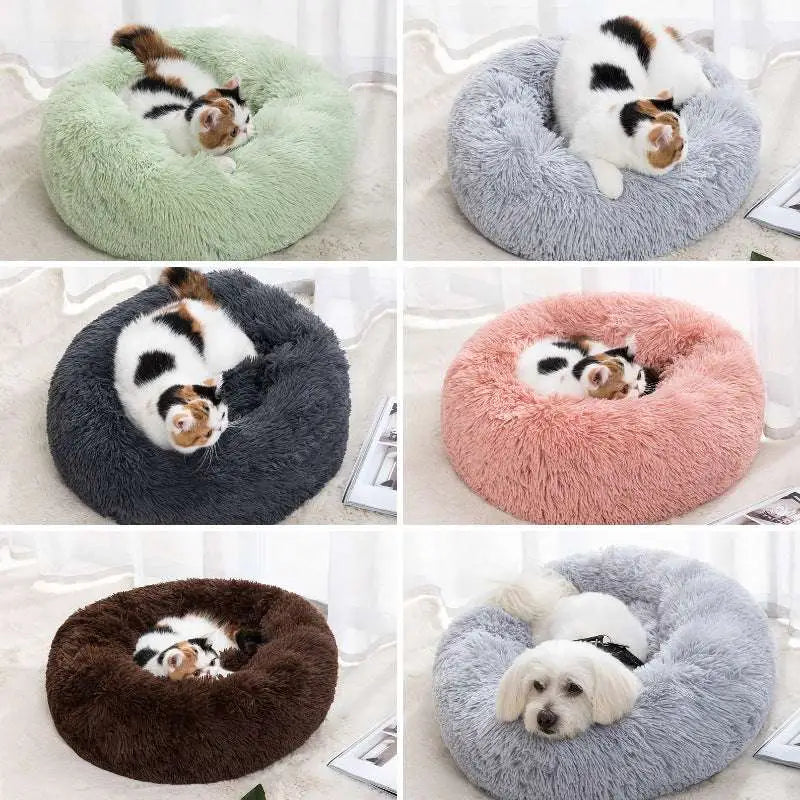 Soft plush winter warm pet bed with fluffy round design in pastel green gray dark gray pink brown and light blue hues