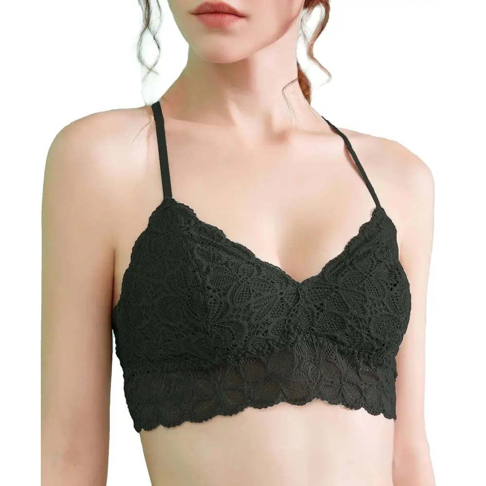 Black lace bralette with delicate floral patterns and thin straps featuring a simple sexy breathable design