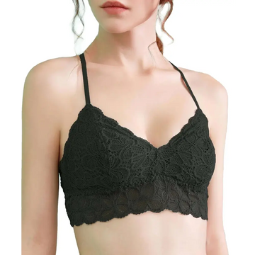 Black lace bralette with delicate floral patterns and thin straps featuring a simple sexy breathable design