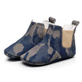 Soft suede baby blue and gray camouflage toddler booties with elastic side panels for easy wear