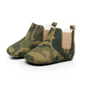 Soft suede baby camouflage toddler booties with elastic side panels and soft soles for comfortable wear