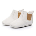 White leather soft suede baby shoes with tan elastic panels toddler booties for comfort and style