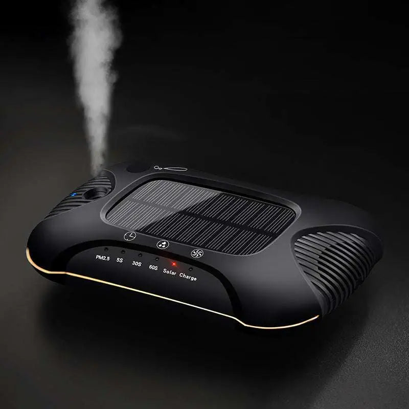 Black sleek solar car air purifier with matte finish, subtle gold trim, and green led indicators for vehicles