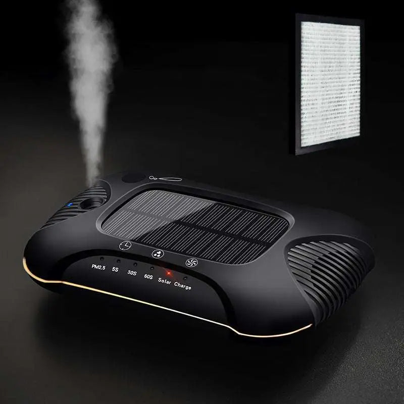 Black ge solar car air purifier with sleek curved design green led indicators and visible mist output