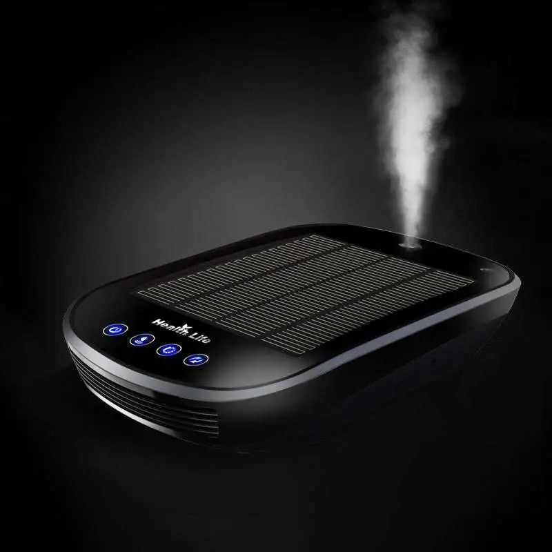 Solar car air purifier with black health life solar-powered humidifier, sleek rectangular design, and blue-lit green LED indicators