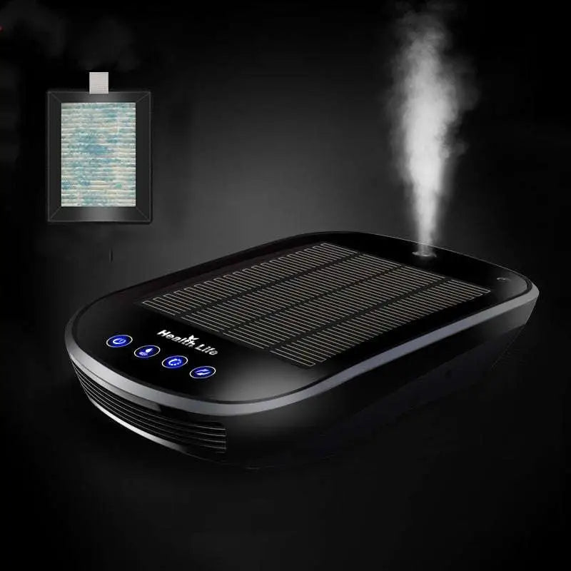 Black health life solar car air purifier with sleek oval design blue led buttons green led indicators emitting mist