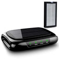 Black glossy solar car air purifier with solar panel top and green led indicators for in-car air cleaning