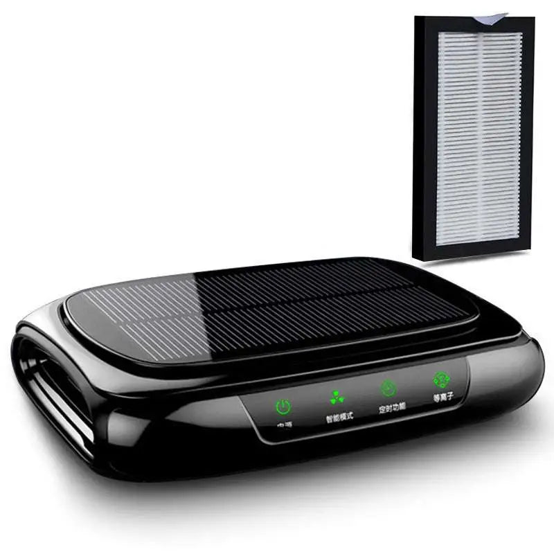 Black glossy solar car air purifier with solar panel top and green led indicators for in-car air cleaning