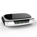 White and black solar car air purifier with sleek design and green led indicators for power smart mode timer and negative ions