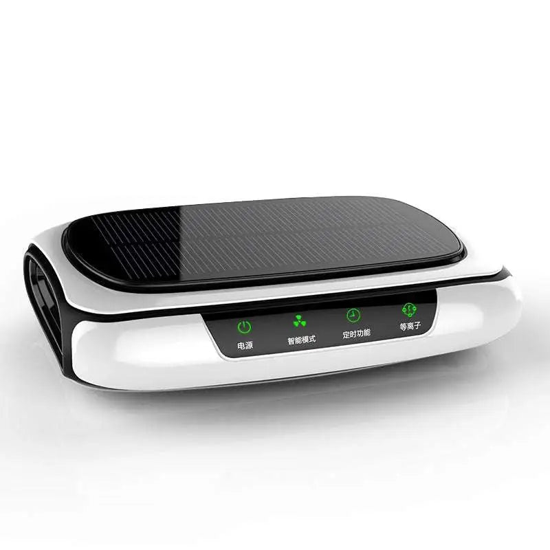 White and black solar car air purifier with sleek design and green led indicators for power smart mode timer and negative ions