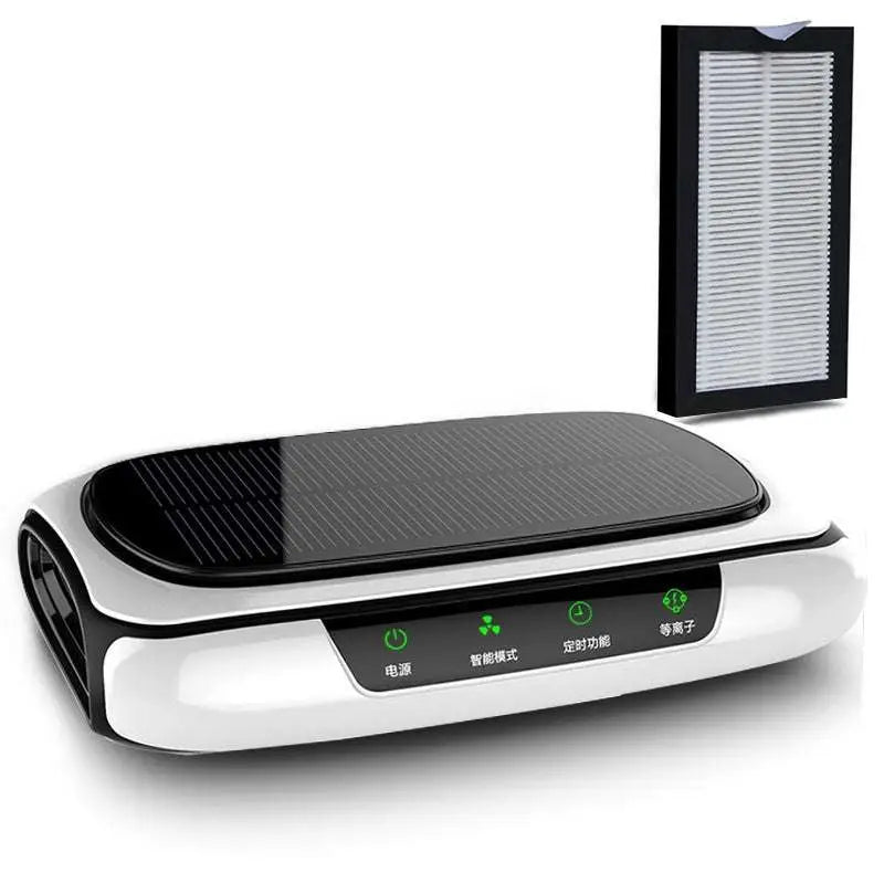 White and black solar car air purifier with green led indicators for power smart mode timer and negative ions