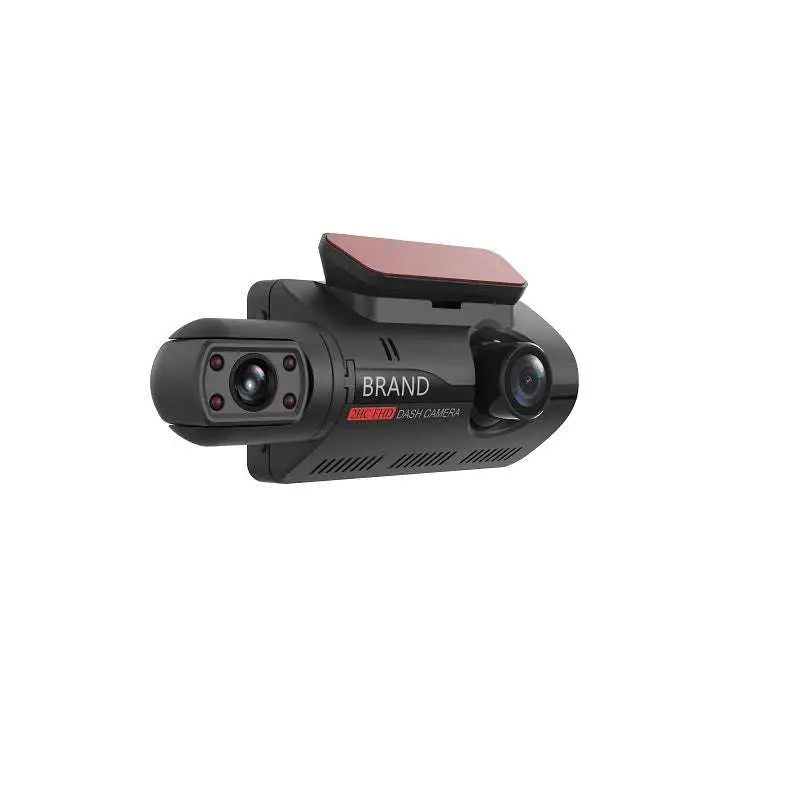 Black dual-lens dash camera hidden tachograph dash with matte finish and red solar panel accent for data storage