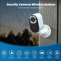 White solar powered wireless outdoor security camera with black lens and led ring mounted on wooden surface for surveillance